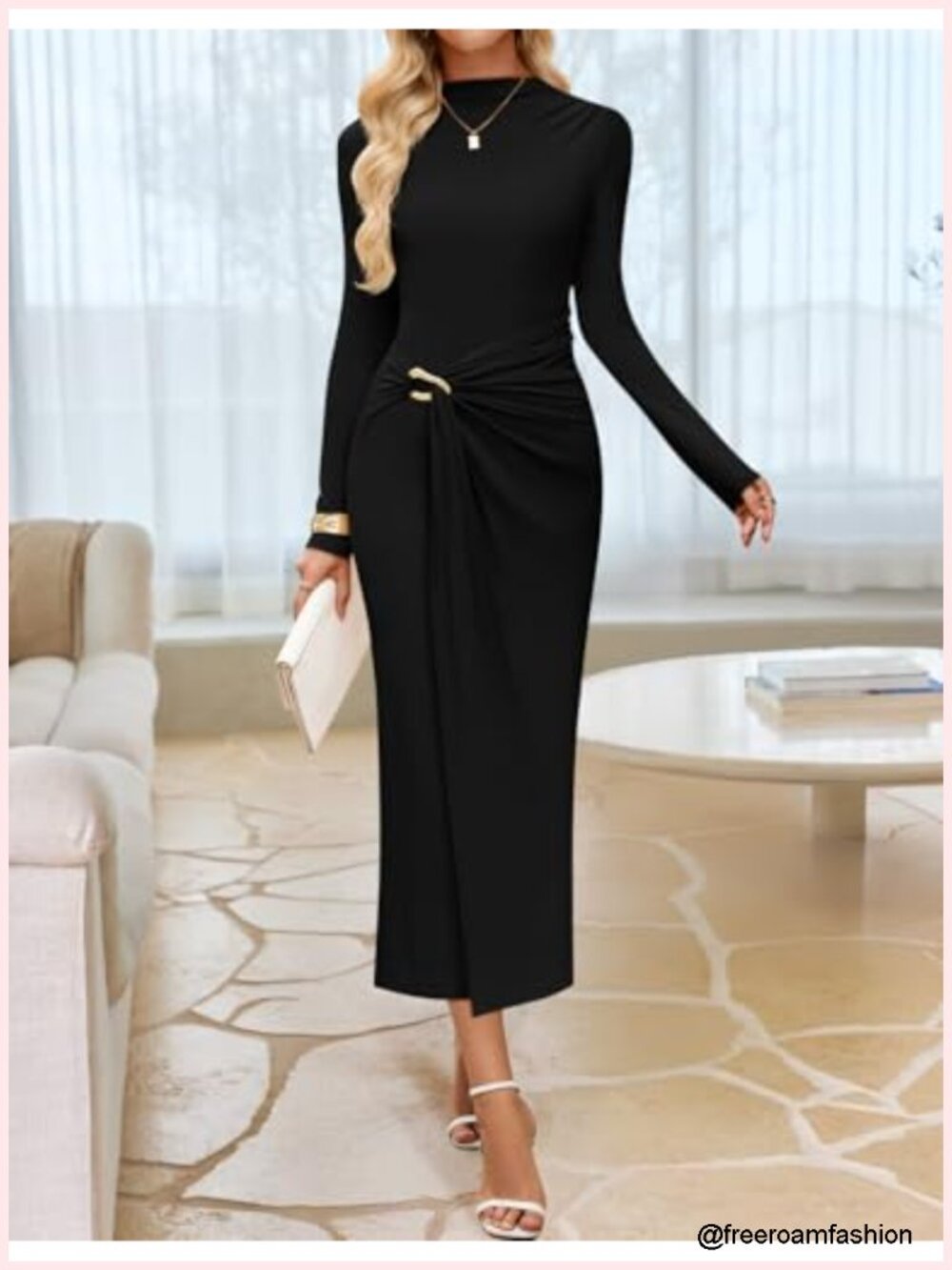Long Sleeve Mock Neck Bodycon Midi Dress for Wedding Guest Cocktail Party - Picture 3 of 6